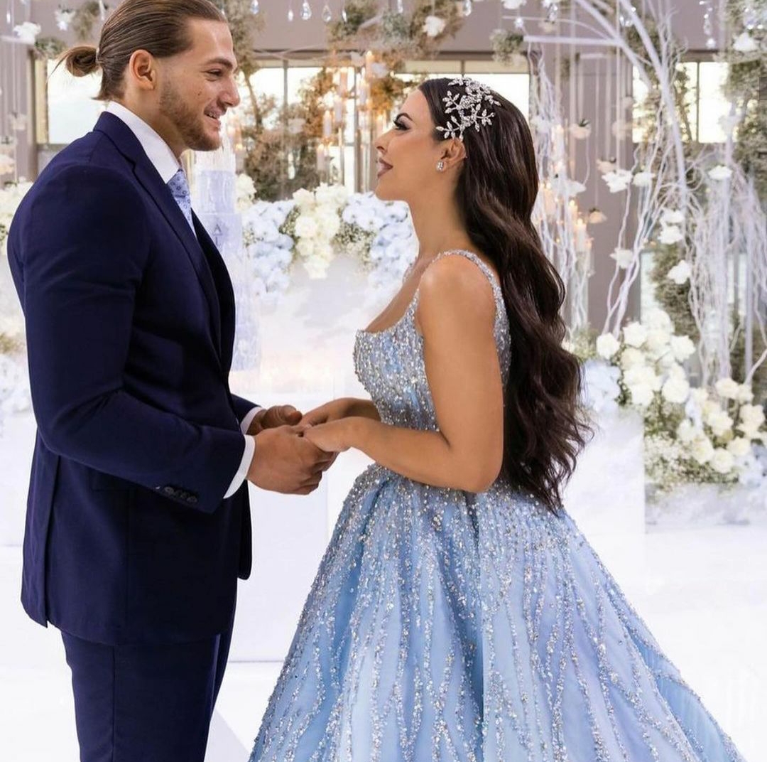 2021 Sky Blue Wedding Dresses Scoop Neck Long Dubai Arabic Bridal Gowns with Beads Modern vestido de novia