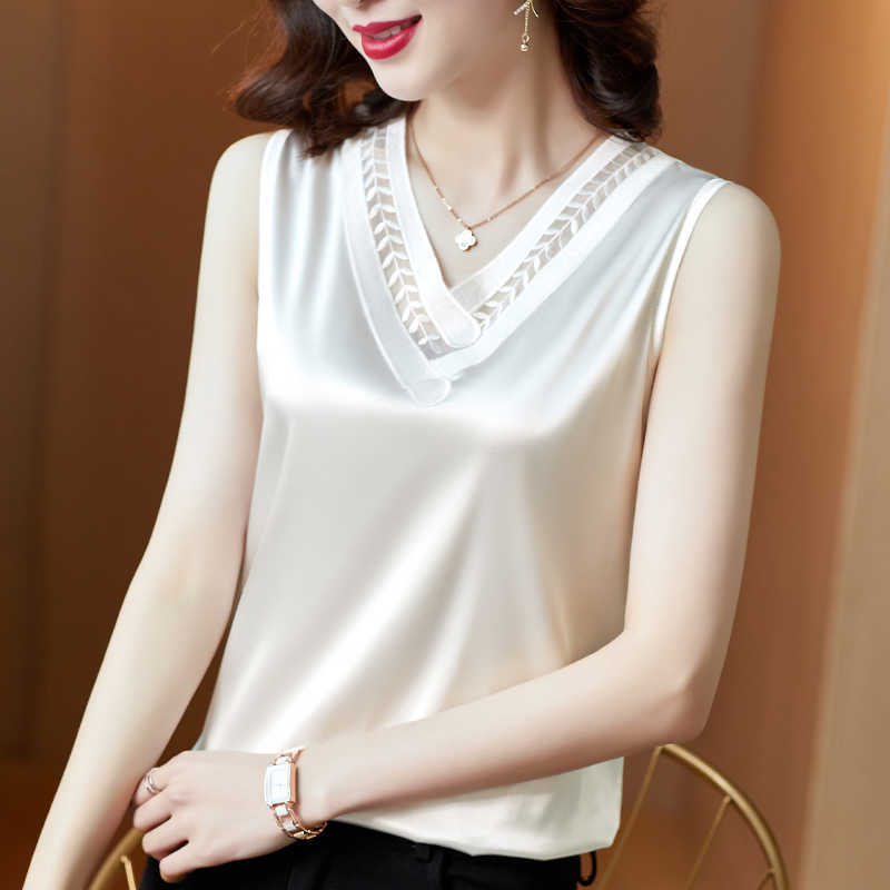 Summer Silk Tank Top Women Korean Fashion Satin Office Lady Lace Solid Plus Size XXXL/5XL Black Clothing for 210531