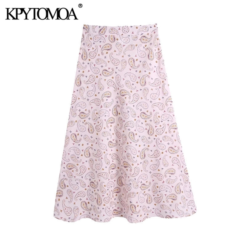 Women Chic Fashion Paisley Print Midi Skirt Vintae High Waist Side Zipper Female Skirts Mujer 210420