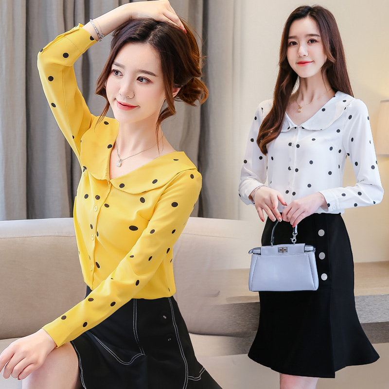 blouses women blusas mujer de moda womens tops and Polka Dot Peter pan Collar long sleeve chiffon shirts 6257 50 210427