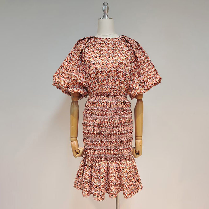 VGH Print Casual Dress For Women O Neck Lantern Short Sleeve High Waist Hollow Out Bodycon Dresses Female Summer Fashion Clothes 210421