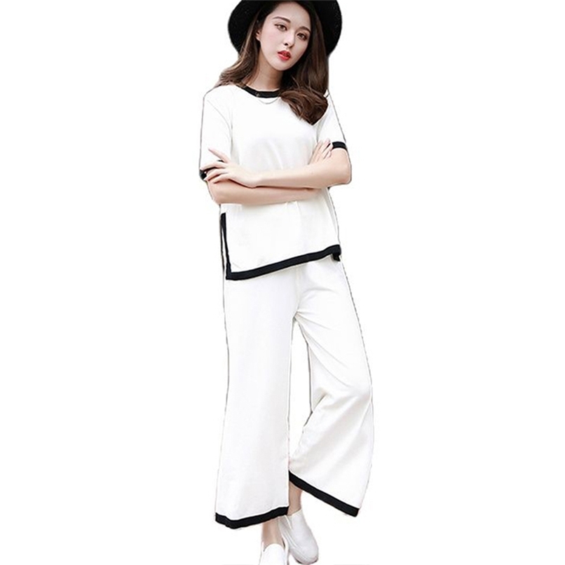 Women's suit summer ice silk short-sleeved round neck loose top + wide-leg pants fashion knitted 2-piece home service 210520, White
Women's suit summer ice silk short-sleeved round neck loose top + wide-leg pants fashion knitted 2-piece home service 210520, White