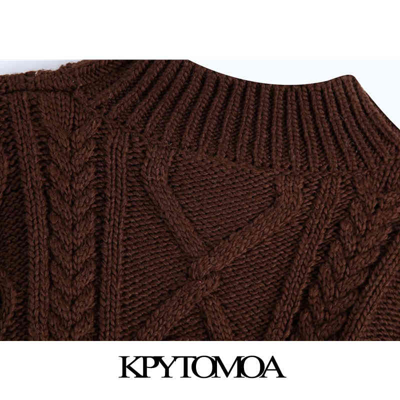 Women Fashion With Flowers Cropped Cable-knit Sweater High Neck Long Sleeve Female Pullovers Chic Tops 210420