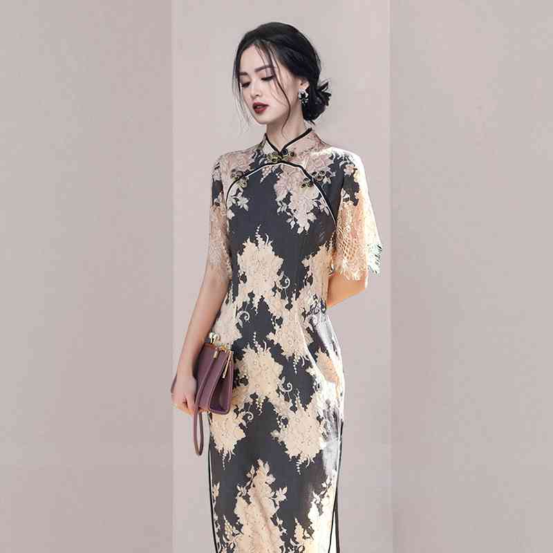 Summer Dress Cheongsam Self-Cultivation Temperament Lace High-End Vintage Elegant Chinese Style 210520