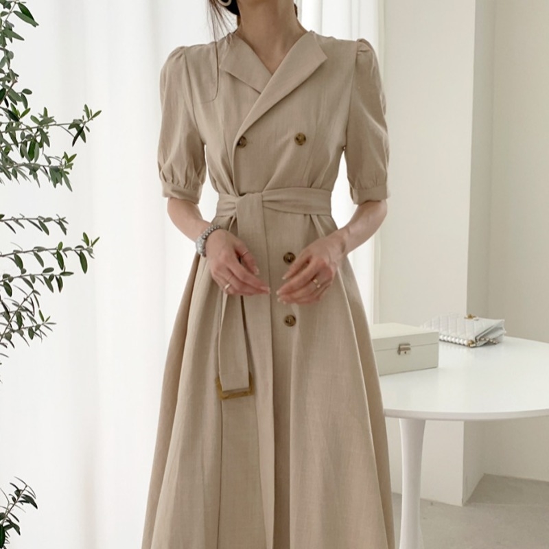 Arrival Vintage Short Sleeve Suit Collar Double-Breasted Slim Dress Women Puff Natural Notched Long Dresses 210520