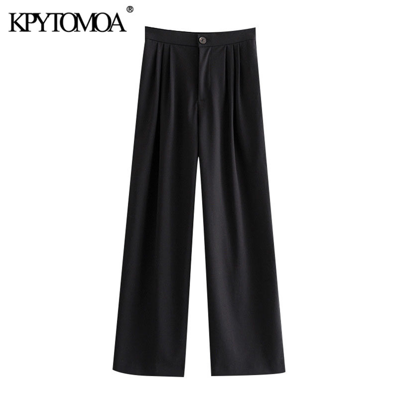 Women Elegant Fashion Office Wear Pleated Wide Leg Pants Vintage High Waist Side Pockets Female Trousers Mujer 210416