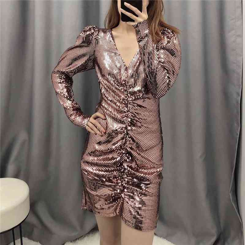 Sweet Women Party Slim Mini Dress Fashion Ladies V-Neck Sequined Dresses Sexy Female Chic Draped Puff Sleeve Vestidos 210430