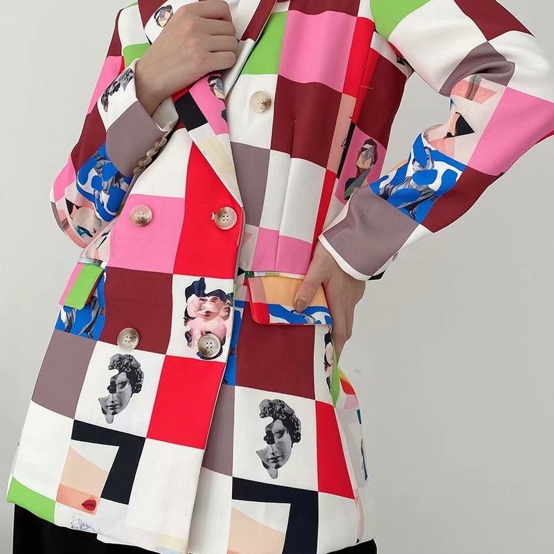 fashion women abstract art blazer office ladies pocket jackets casual female plaid long suits print girls chic sets 210430