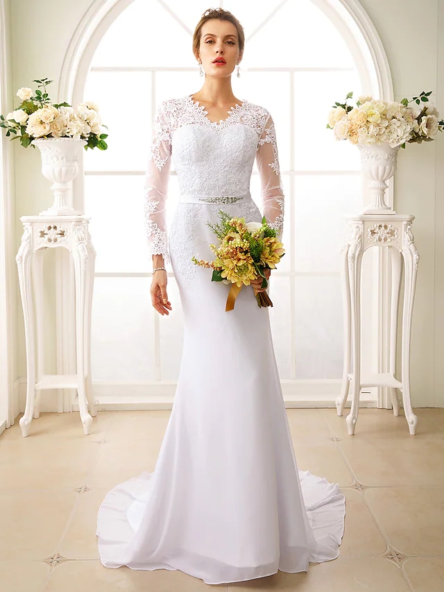 2022 Bridal Gown Trumpet Wedding Dress V Neck Court Train Chiffon Floral Lace Long Sleeve Sexy See-Through Backless Illusion Vestido De Noiva Robe De 