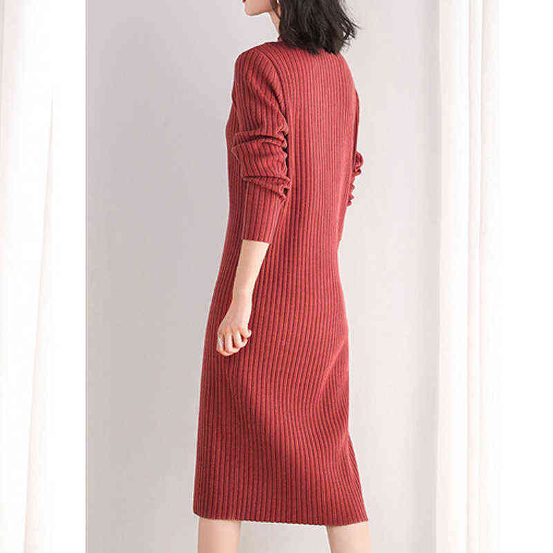 High Quality Sweater Dress for Women Knee-length Solid Color O-Neck Pullover Thick Autumn and Winter Brief Red Pink Black 211206