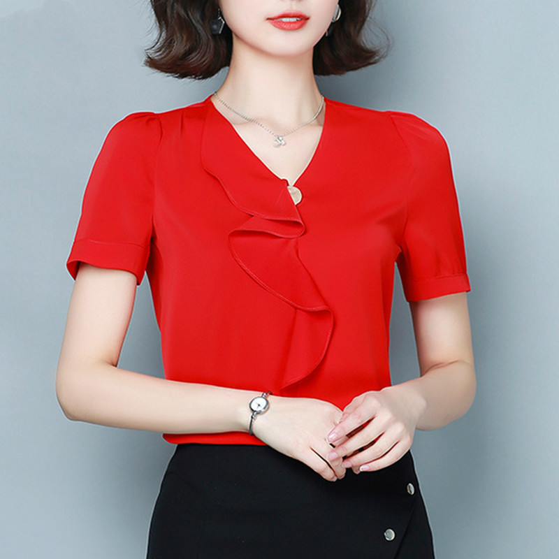 Ladies Tops Short Sleeves Shirt Women Clothes Solid Chiffon Blouse V-neck Shirts Butterfly Womens and Blouses 9048 50 210506