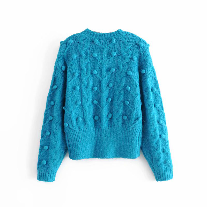 Costume Jewelry Pearl Button Twisted Ball Knit Jacket Fashion Sky Blue Chic Lady Elegant Sweater Cardigan 210521