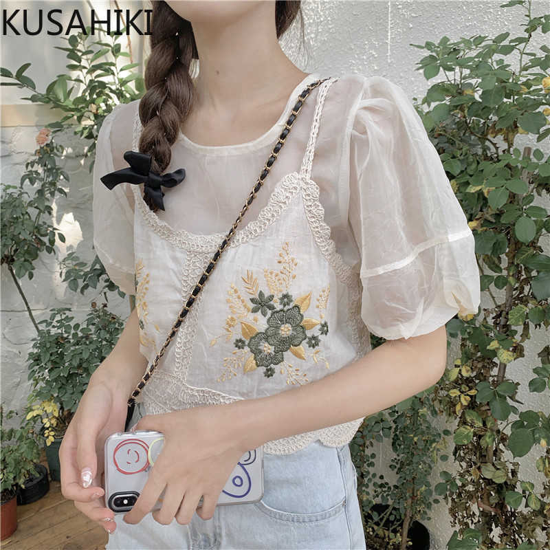 KUSAHIKI Women 2piece Sets Puff Sleeve Chiffon Blouse Tops + Embroidery Hook Sling Vest Sweet Summer Suits 6J470 210602
KUSAHIKI Women 2piece Sets Puff Sleeve Chiffon Blouse Tops + Embroidery Hook Sling Vest Sweet Summer Suits 6J470 210602