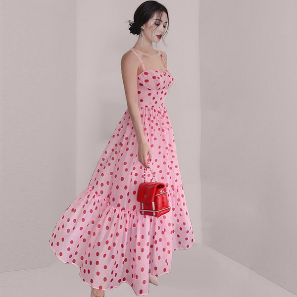 Summer French Sweet Temperament Female Sexy Strapless Pink Polka Dot Chiffon Sling Beach Fairy Long Dress Vestidos 210518