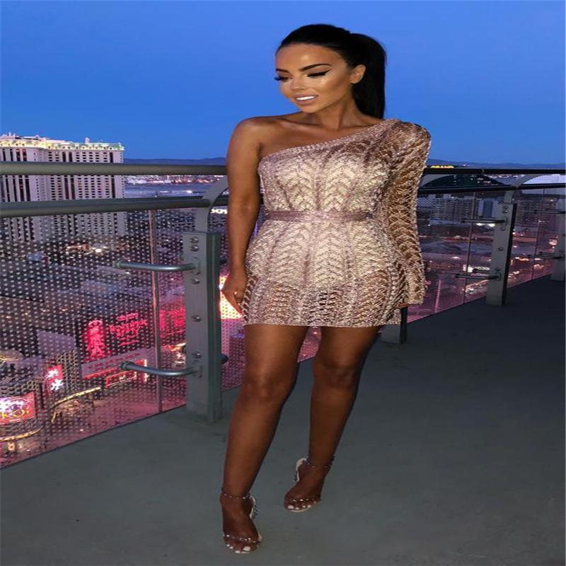 Women Autumn Clothes One Shoulder Single Long Sleeve Sexy Slim Knit Dress Clubwear Casual Outfit Regular Size Pullover Dresses