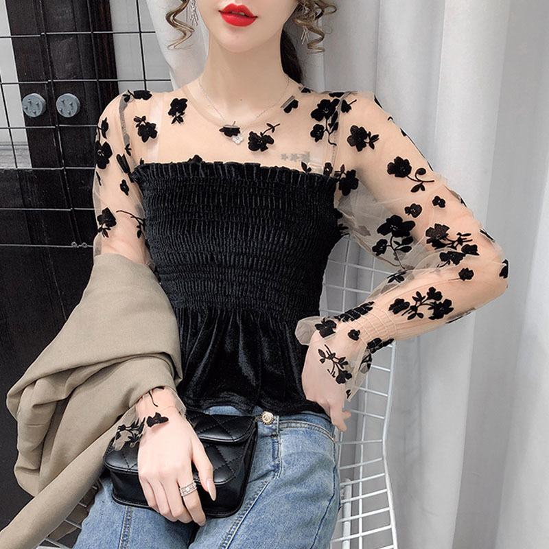 Spring Puff Sleeve Black Mesh Short Tops Sexy Lace Bottoming Blouse Women Velvet Waist Skinny Shirts Fashion Blusas 12771 210427