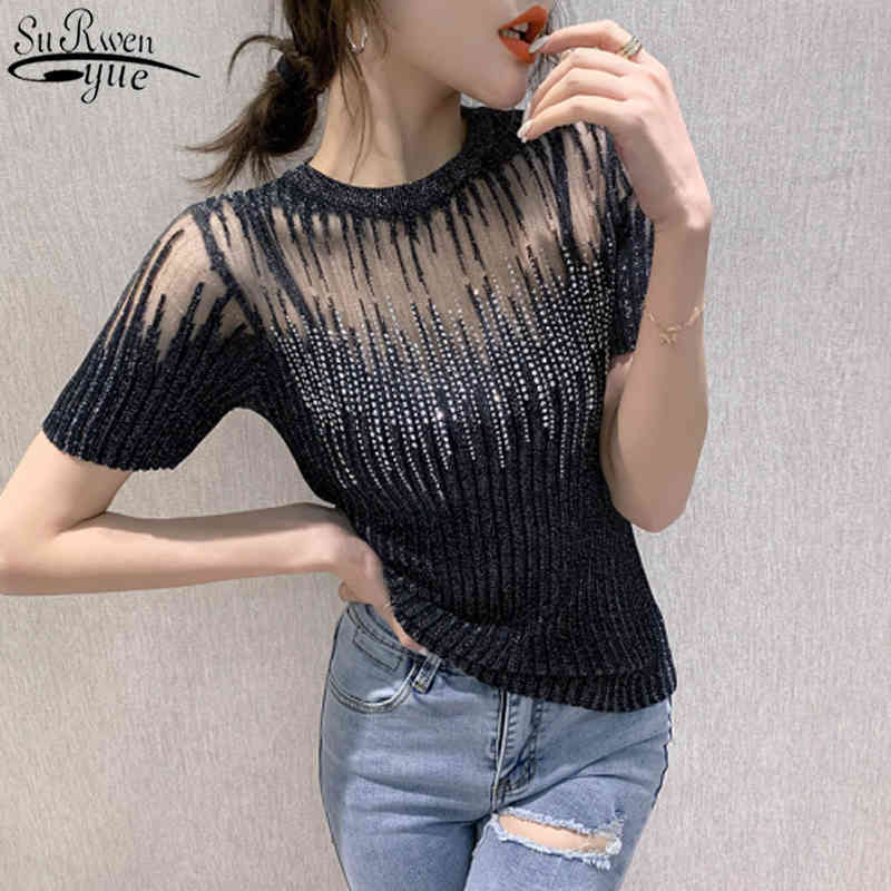 Spring Summer Knitted Blouse Korean Clothes Sexy Diamonds Transparent Women Tops Ropa Mujer Shirt Short Sleeve Elastic Tees 210521, White
Spring Summer Knitted Blouse Korean Clothes Sexy Diamonds Transparent Women Tops Ropa Mujer Shirt Short Sleeve Elastic Tees 210521, White
