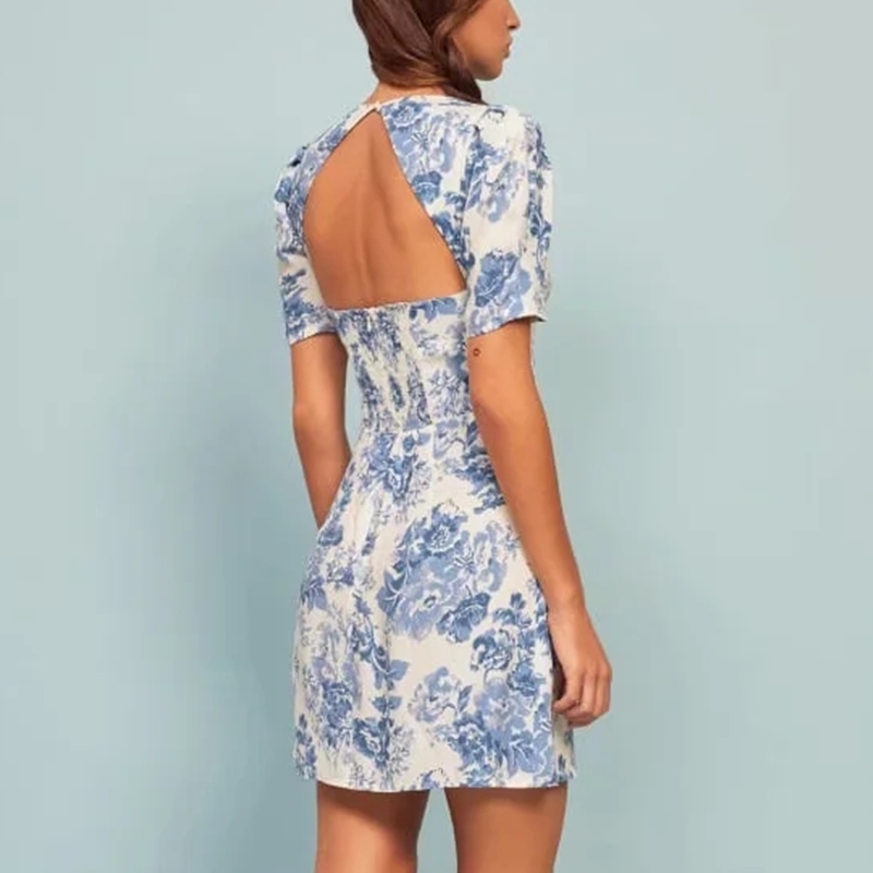 Foridol Summer Vintage Dress Elegant Mini Dress Beach Female Short Backless Dresses Blue Flower Boho Vestidos 210415