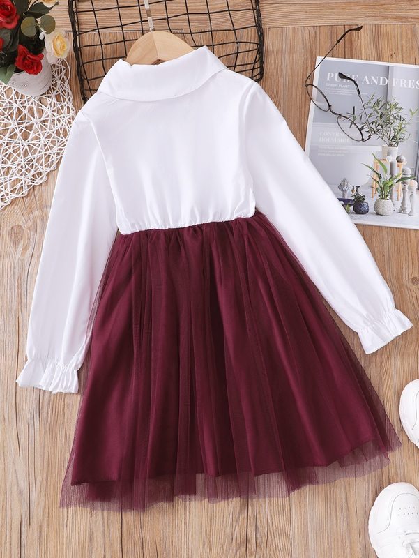 Girls Two Tone Butterfly Appliques Mesh Hem Dress SHE