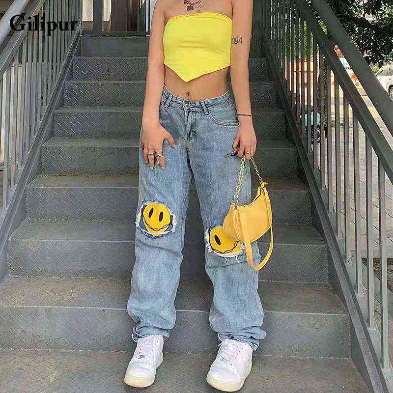 Printed Jeans Women Fashion Mom Baggy Straight Leg Pants Blue Loose Ripped Denim Trousers Long High Waist Streetwear 211129
