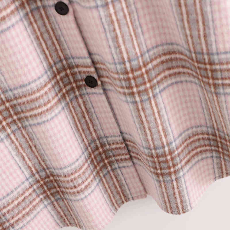 Vintage Woman Loose Light Pink Plaid Long Woolen Shirt Coat Autumn Winter Fashion Soft Outwear Female Casual Jacket 210515
