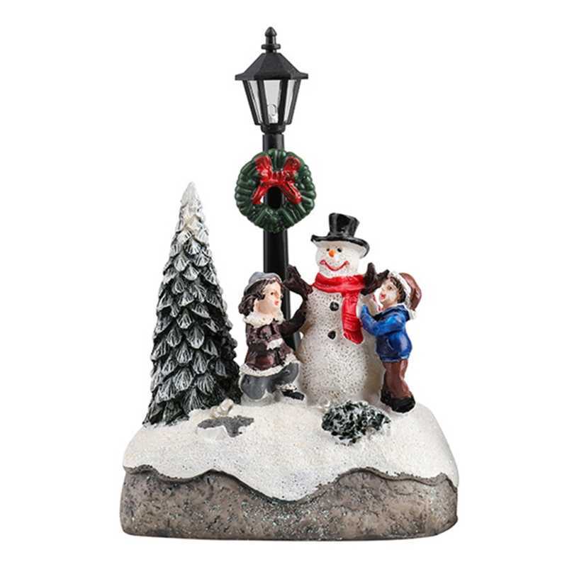 Christmas Village Scene Xmas Tree Snowman Resin Ornament with LED Light Animated Street Lamp Miniature Statue Decoration 211012