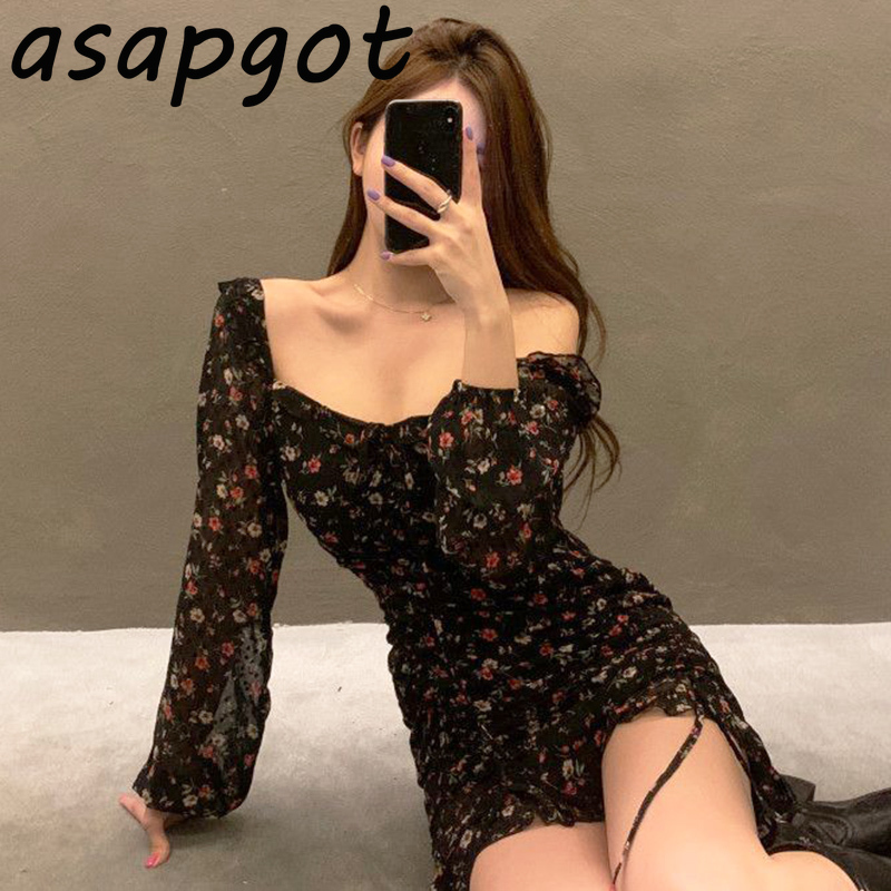 Chic Korean Sweet Lace Up Waist Drawstring Black Floral Dress Women Mini Square Neck Ruffles Spring Fashion Wild 210429