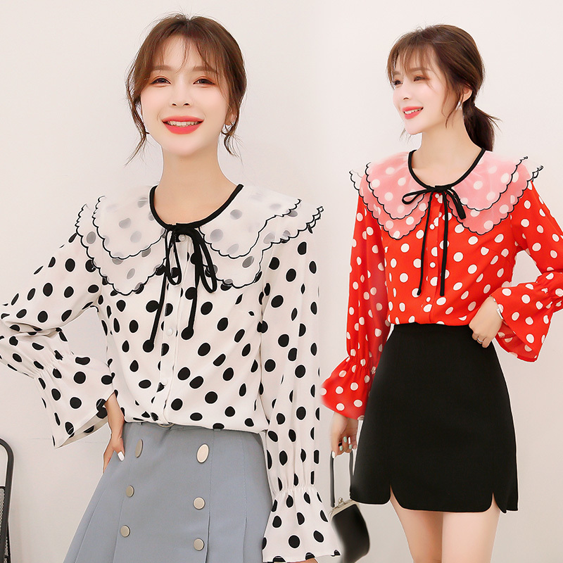 Women Tops Chiffon Shirts Autumn Double-layer collar Long sleeve Blouses Bow Fashion 871C7 210420