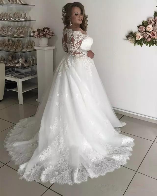2021 Plus Size Bridal Gowns Wedding Dresses Sheer Neck 3/4 Long Sleeve Lace Appliques Illusion Hollow Back Garden Country robe de mariée
