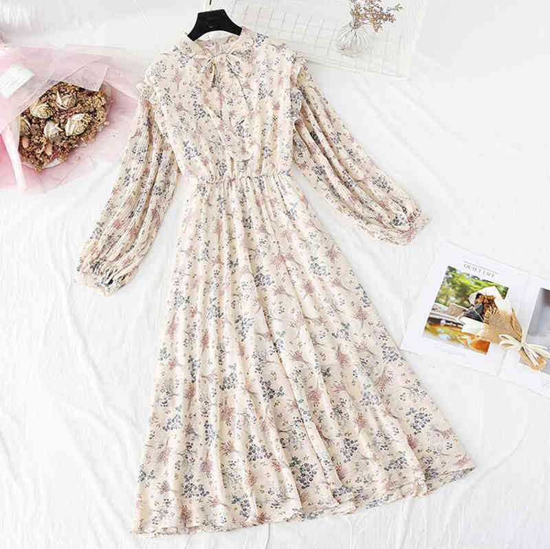 Elegant O-Neck Ruffles Women Dress Elastic Waist Print Chiffon Dress Spring Vintage Long Sleeve Bow Midi Dress Vestidos 210521