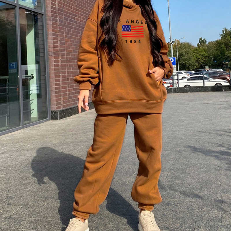 Hoodies Suit Winter Spring Casual Tracksuit Outfit Letter Print Two Piece Tracksuit Sports Home Suit Hoodies Woman Pants 210709