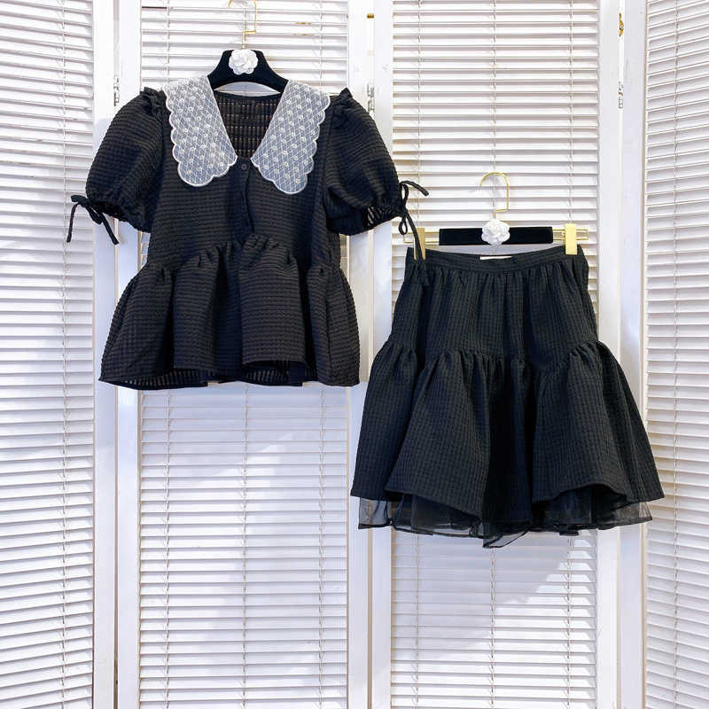 DEAT Women Lapel Puff Sleeve Shirt Ruffles Skirt Short Two Piece Set Fashion Temperament Spring Summer 11D1626 210709