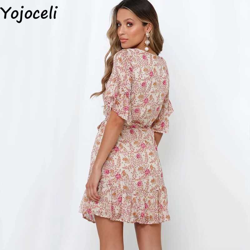 Yojoceli Sexy print ruffle sashes dres Summer elegant casual beach short Female cute daily vestidos 210609