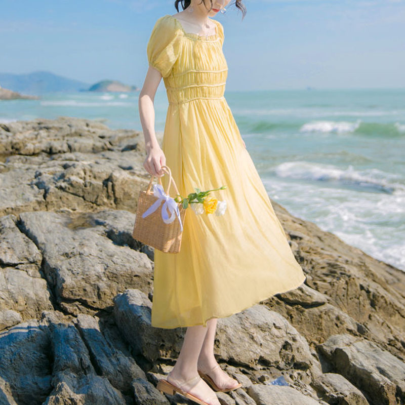 Dress Korean Sweet Elegant Dress Women Short Sleeve Casual Thin Beach Dress for Females Summer Chic Office Lady 210521