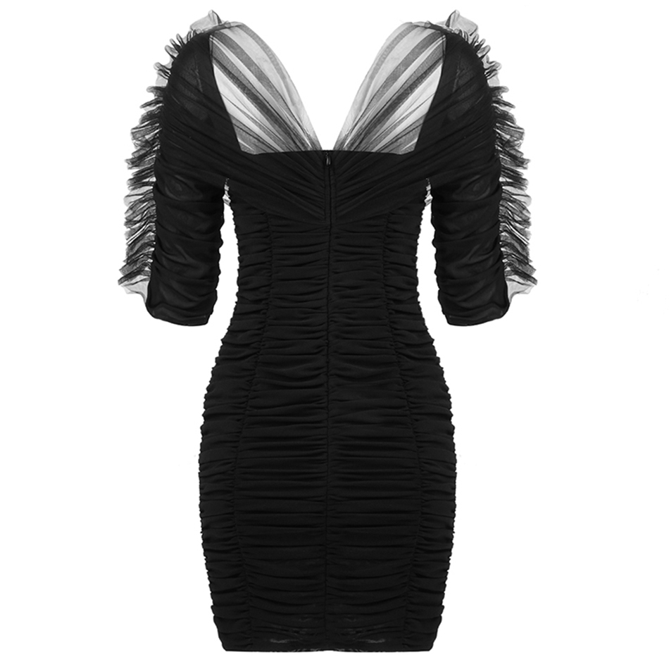 Free High Street Women's Black Tulle Draped Dress Fashion Sexy V-neck Short Sleeve Bodycon Club Party Vestidos 210524