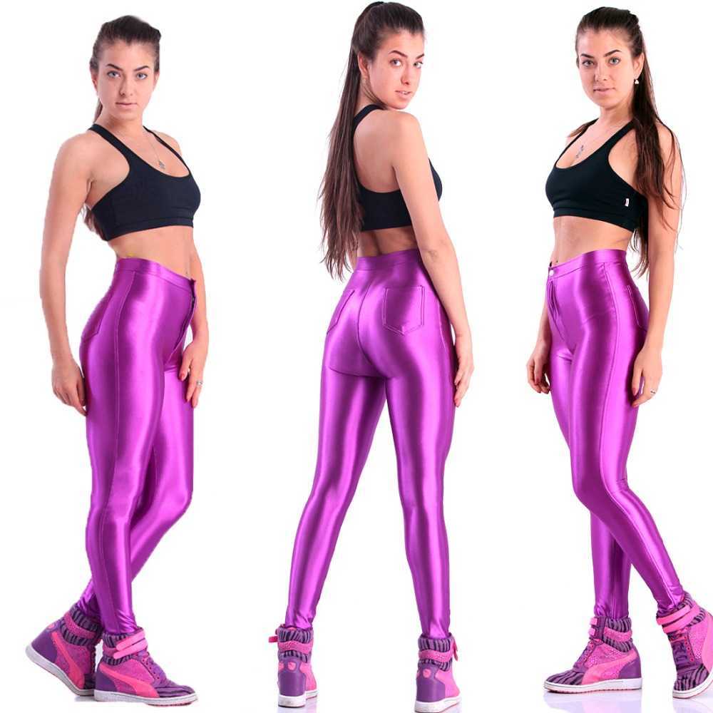 Solid Fluorescent Leggings Women Casual Plus Size Multicolor Shiny Glossy Legging Female Elastic Pant Sporty Clothes 210925