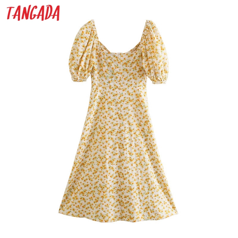 Summer Women Yellow Floral Print French Style Puff Short Sleeve Ladies Midi Dress Vestidos 5Z36 210416