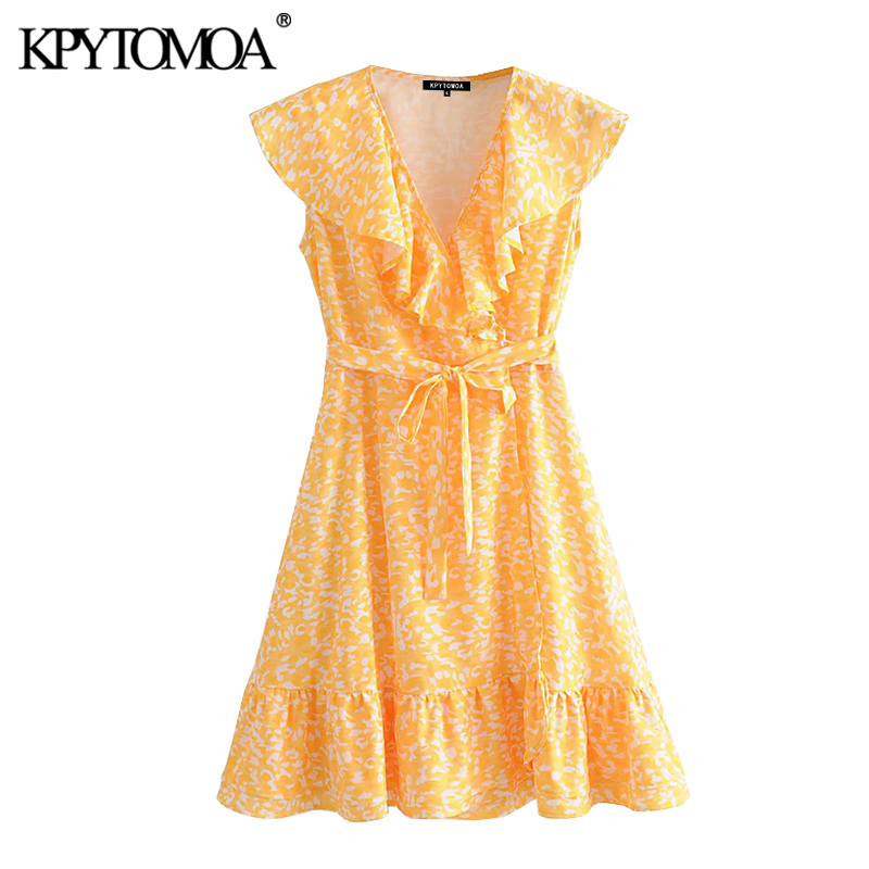 Women Chic Fashion Floral Print Ruffled Mini Dress Sleeveless With Belt Female Dresses Vestidos Mujer 210420