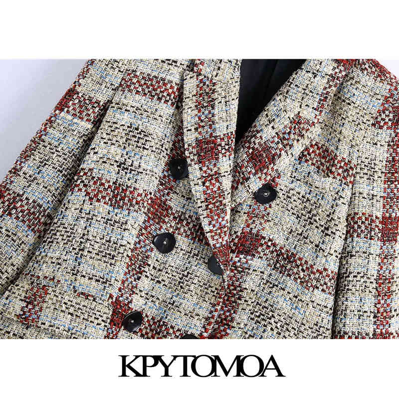 Women Fashion Double Breasted Check Tweed Blazer Coat Long Sleeve Pockets Female Outerwear Chic Tops 210420