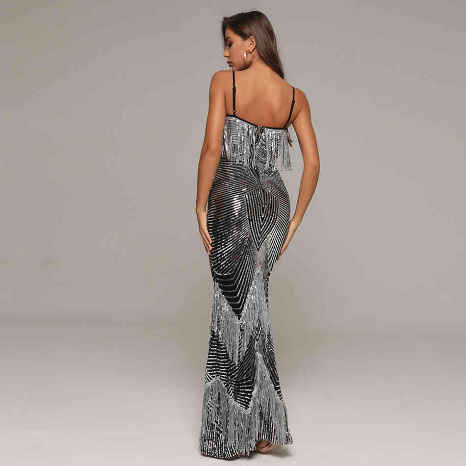 Women's Summer Maxi Sequins Sundress Sexy Spaghetti Strap Tassel Club Celebrity Evening Runway Party Lady Dresses 210423
