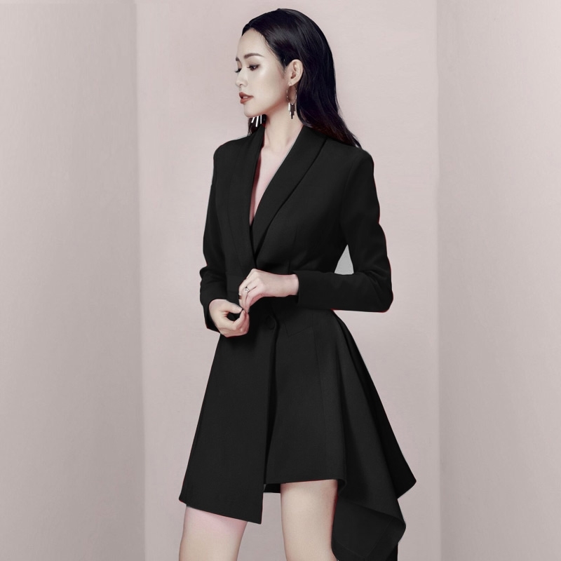 Notched Neck Asymmetry Long Sleeve Dress Women Autumn Office Business Red Vestido De Festa 210520