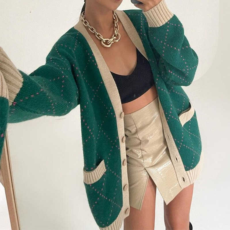 Oversized Argyle Knitted Cardigan Women Sweater Y2K Patchwork Plaid Loose V-Neck Sweaters Female Autumn Vintage Lady Top 211012