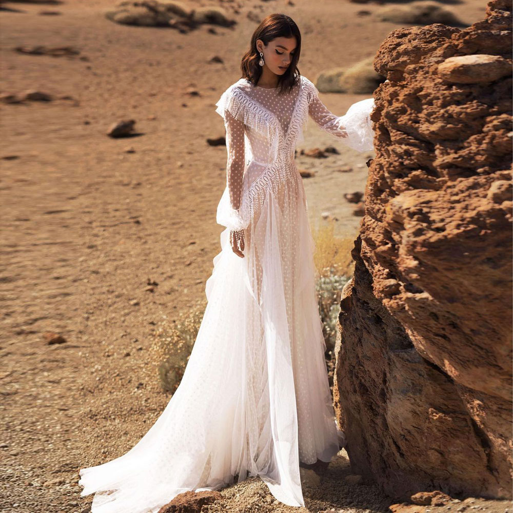 Fashion Tassels Bohemian Wedding Dresses Bateau Neck Beach Bridal Gowns Long Sleeves A Line Sweep Train Tulle Plus Size Vestido De Novia 326 326