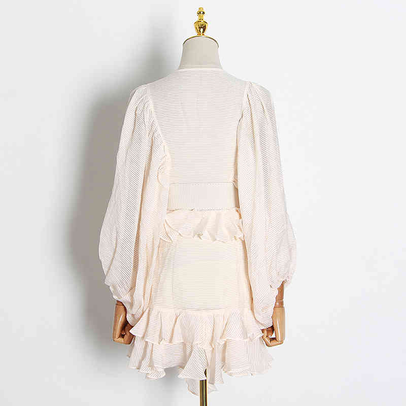 TWOTWINSTYLE Vintage Patchwork Ruffles Women Dresses O Neck Lantern Long Sleeve High Waist With Sashes Dress Female Fashion Tide 210409