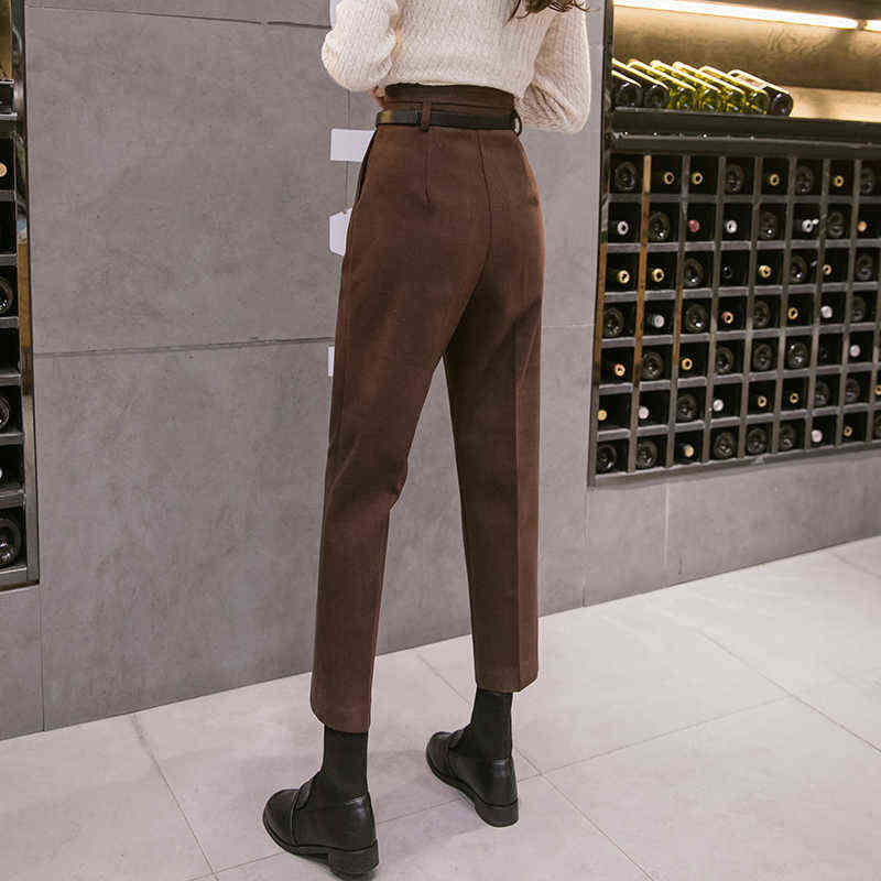 Woolen Formal Women's Harem Pants with Belt Autumn Winter High Waist Office Lady Elegant Ankle-Length Trousers Pocket 211115