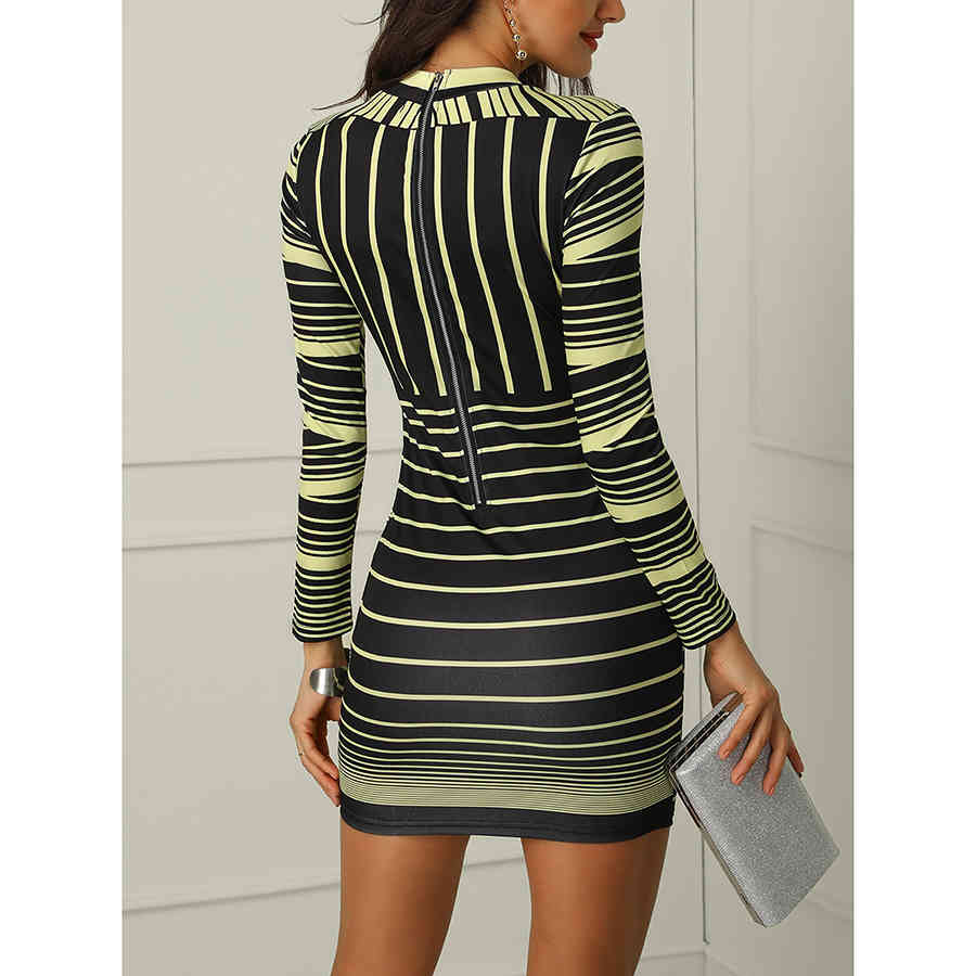 Autumn and winter new women's long-sleeved red striped print sexy bag hip tight dress elegant fashion ladies round neck slim dre 210329