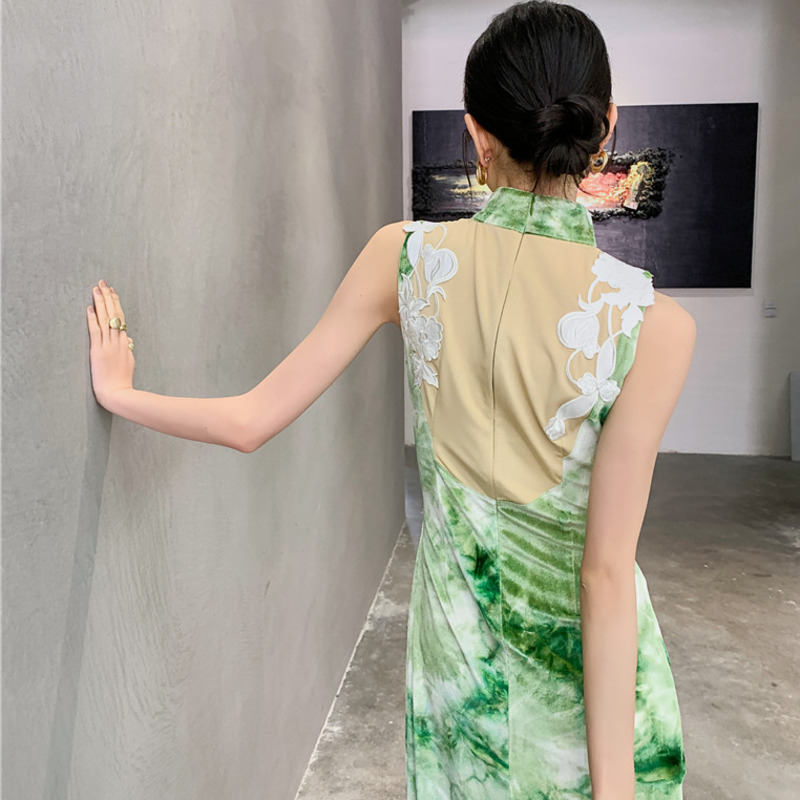 Women Velvet Cheongsam Slim Sleeveless Turtleneck Green Color Retro Fit Lady Fashion Summer 2H106 210526