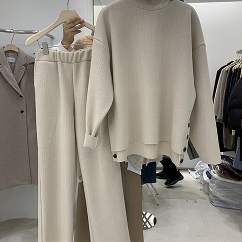 Nomikuma Spring New Two Piece Suits Turtleneck Long Sleeve Pullover Sweater + High Waist Wide Leg Long Pants Sets 6E814 210427