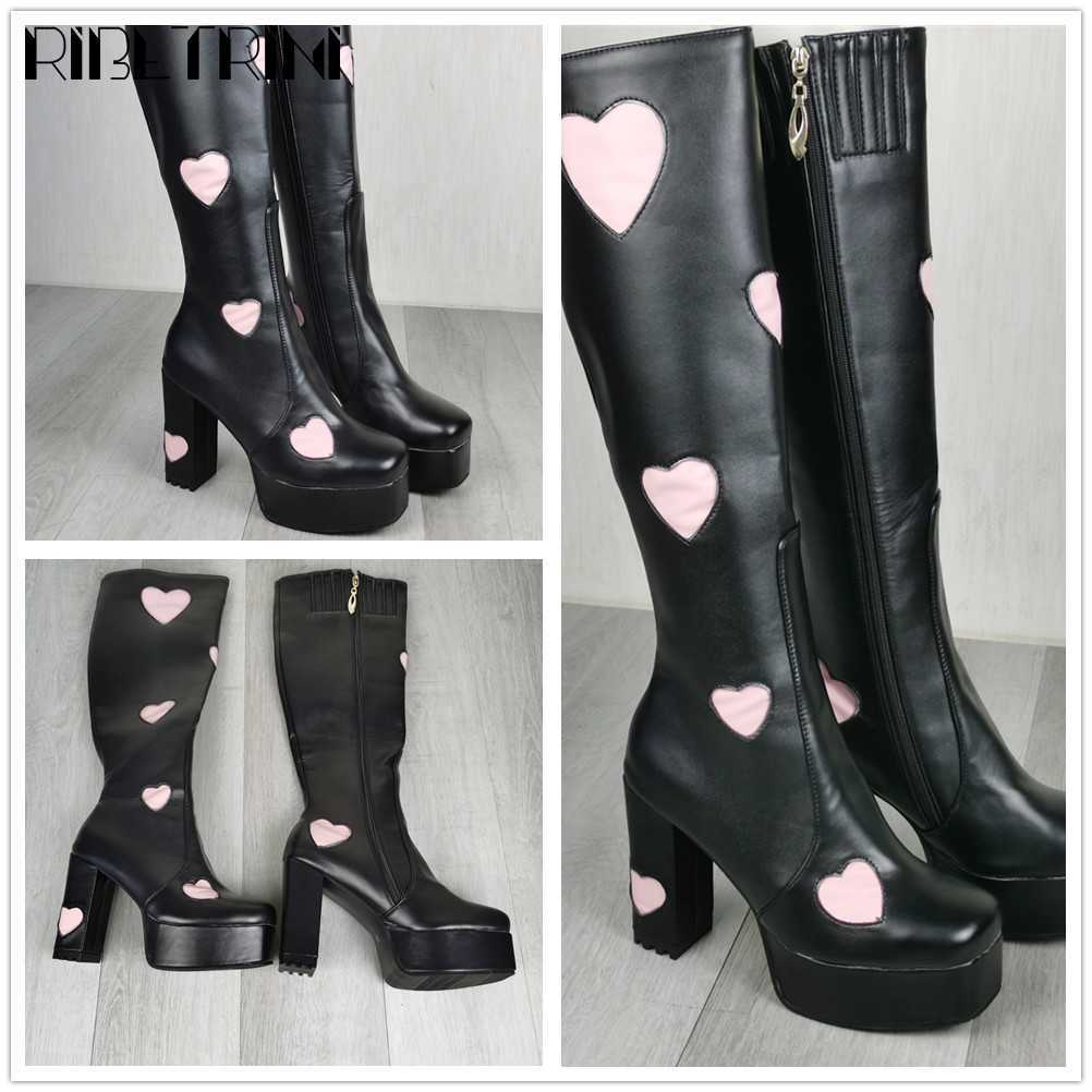 RIBETRINI Brand Design Candyfloss Love Heart Print Mid Calf Boots Zip Platform Block Heels Chunky Trendy Shoes Woman Big Size 43 Y0914