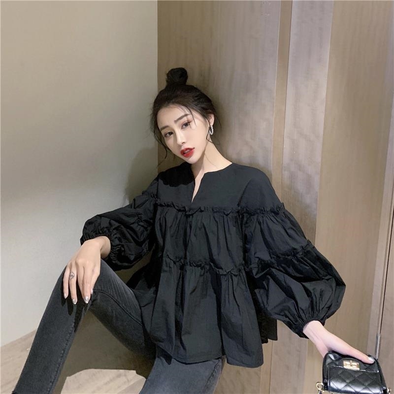 V Neck Puff Sleeve Blouses Women Solid Korean Pleated Chic Loose Shirts Spring Ins Elegant Blusas Tops 14992 210415